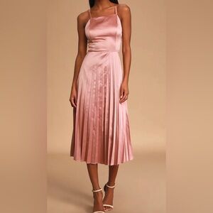 lulus Rose Pink Satin Pleated Midi Dress